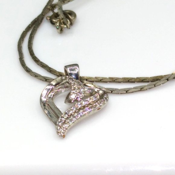 Vintage Pave CZ Heart Pendant with Double Scroll Elegant Design on Silver Tone - Picture 5 of 6